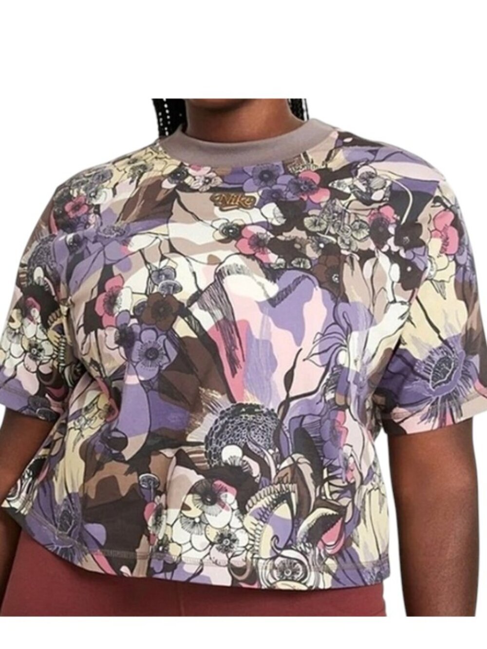 NIKE Cotton Short Sleeve Floral Cropped Crew Neck Shirt